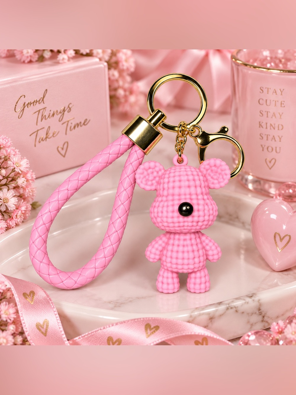 Bear Pink & Gold Bag Charm Keychain